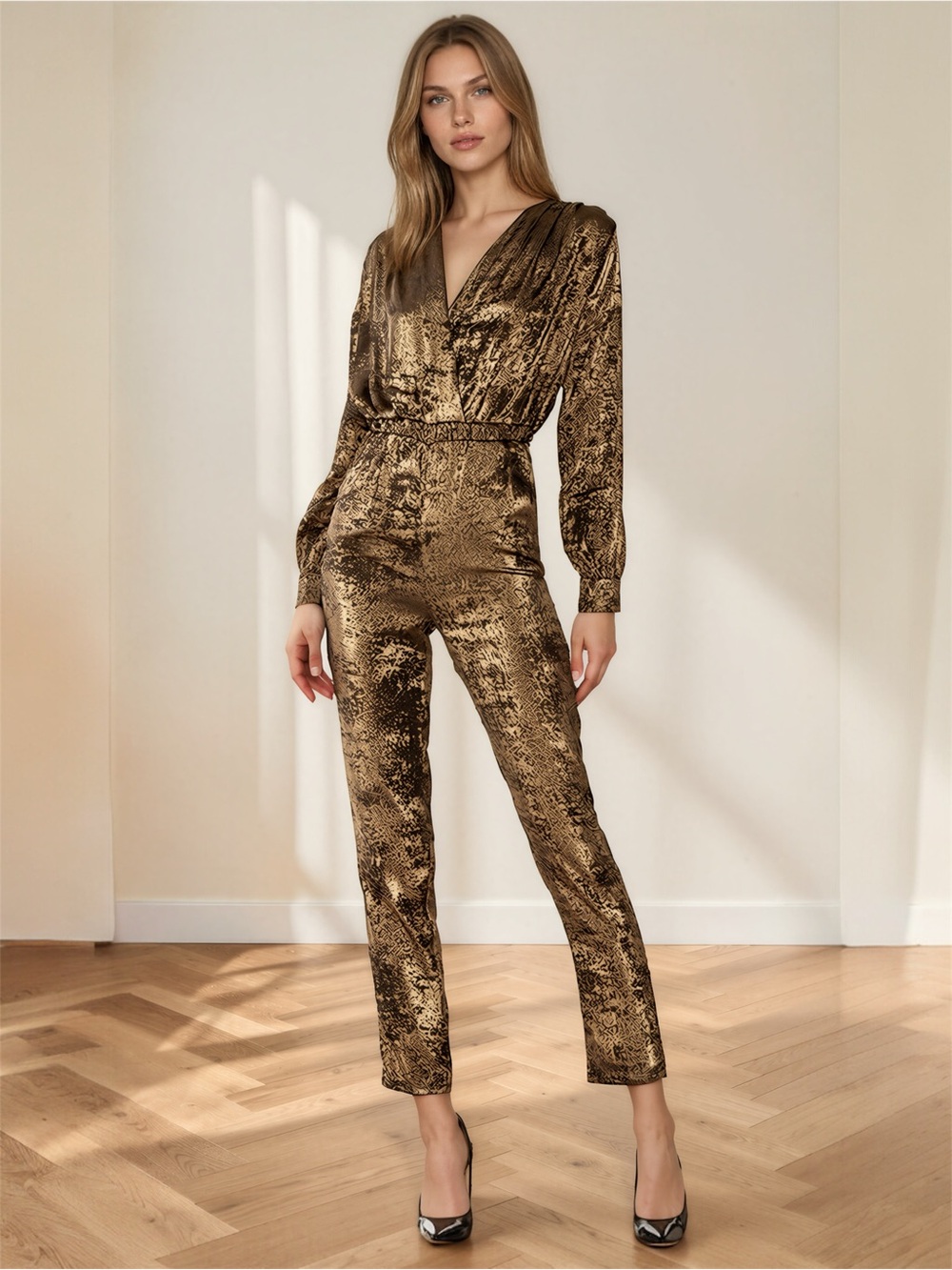 $320 L’ Academie Metallic Gold Jumpsuit Size S-M Women’s